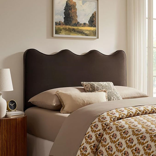 Monday Athena Full Size Performance Velvet Adjustable Headboard in Chocolate Brown - with Scalloped Wave Design and Stain-Resistant Velvet Upholstery