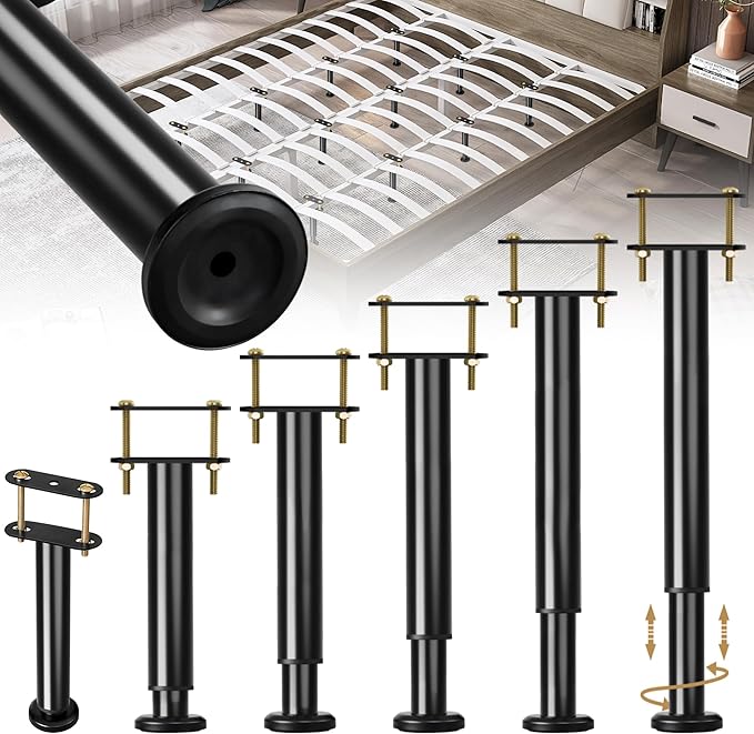 6 Pcs Adjustable Height Bed Support Legs, 14-23.6 Inch Metal Under Bed Frame Support Legs, Extra Sturdy Bed Legs Replacement Parts with Rubber Non-Slip Base for King Queen Frame Wooden Center Slat