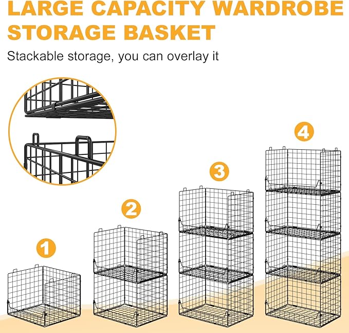 Jakyitvi 4-Tier Extra Height Stackable Closet Organizer – Foldable Storage Bins for Sweaters, Jeans, and Clothes – Sturdy Iron Mesh Shelves for Neat and Efficient Closet Storage – Black