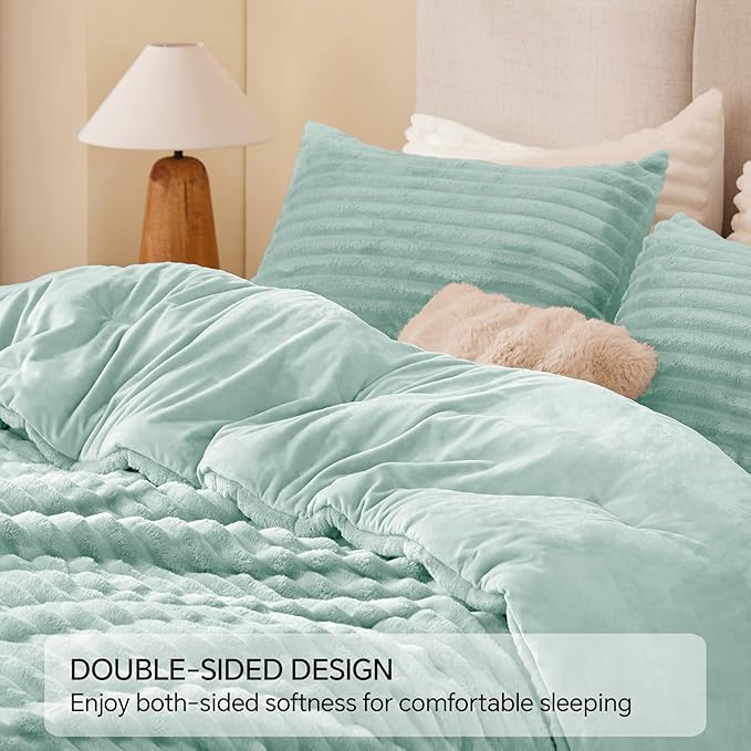 BEDELITE Fleece King Comforter Set -Super Soft & Warm Fluffy Light Green Bedding, Luxury Fuzzy Heavy Bed Set for Winter with 2 Pillow Cases