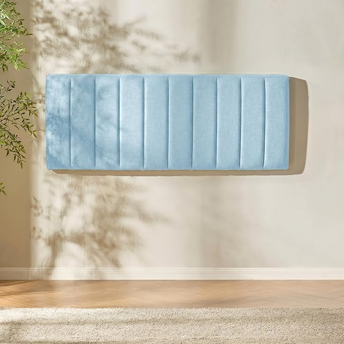 Upholstered Queen Headboard - Easy Assemble Channel Stitched Headboard Queen Size - Wall Mounted Headboards with 3D Soundproof Wall Panels Peel & Stick Floating Headboards, 08-Ice Blue