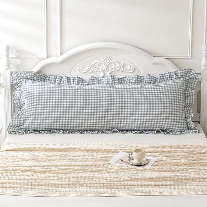 Blue White Plaid Ruffled Body Pillow Sham Washed Cotton Shabby Checkered Gingham Pillow Cover 20"x54"