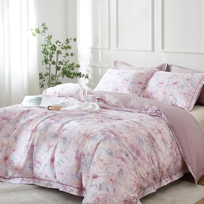 OAITE Duvet Cover Set King Size Floral Pattern 600 Thread Count Ultra Soft 100% Long Staple Cotton Duvet Cover Sets 3-PC, Breathable Duvet Cover with Zipper Closure & Corner Ties