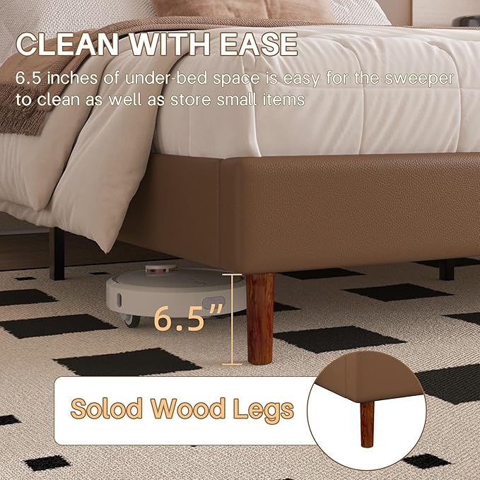 Queen Size Leather Platform Bed Frame with Adjustable Upholstered Headboard, Solid Wooden Legs, No Box Spring Needed, Easy Assembly, Noise Free, Brown