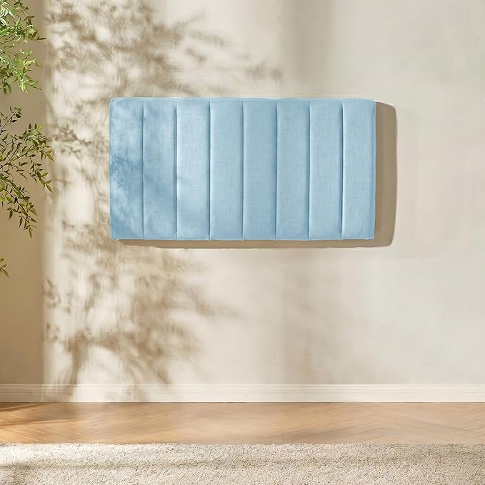 Hearth & Harbor Upholstered Twin Headboard - Easy Assemble Channel Stitched Headboard Twin Size - Wall Mounted Headboards with 3D Soundproof Wall Panels Peel & Stick Floating Headboards, 08-Ice Blue