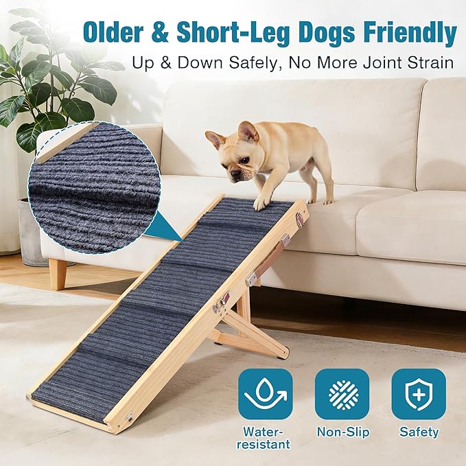 Dog Ramp for Bed, Adjustable Height 10" to 19.5" (5 Levels) Folding Ramp for Dogs to Get on Bed, Solid Wood Dog Ramps for Small Dogs Senior Dogs, Non-Slip Waterproof Easy Storage for Bed Couch
