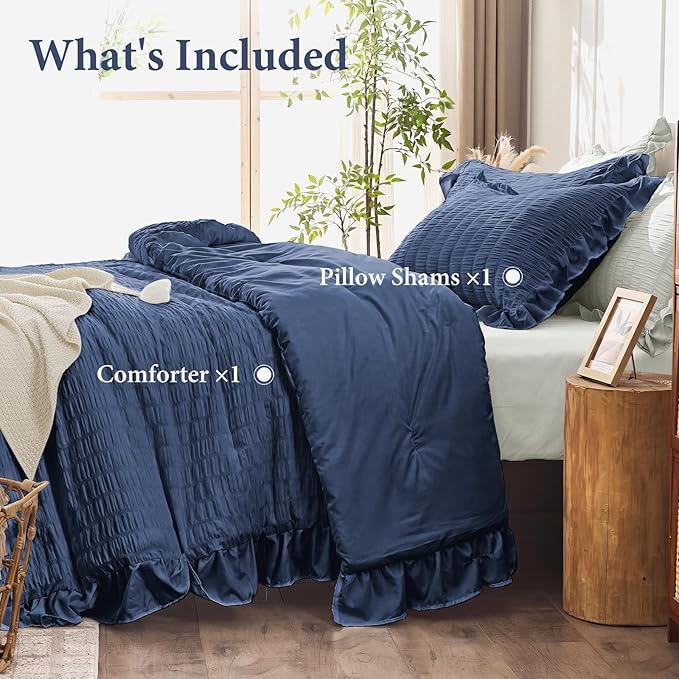 JOLLYVOGUE Navy Blue Twin Size Comforter Set, 2 Pieces Seersucker Lightweight Fluffy Bedding Set, Twin Ruffle Comforter, All Season Soft Microfiber Shabby Chic Bed Set