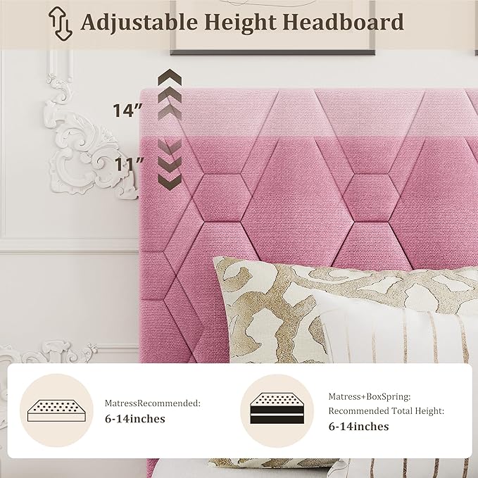 GarveeHome Pink Full Bed Frame with Upholstered Headboard, Heavy-Duty Platform Bed Frame with Strong Wood Slats, No Box Spring Needed/Noise Free/Easy Assembly