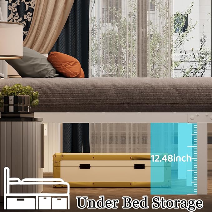 Queen Bed Frame with Charging Station,White Metal Platform Bed Frame Queen Size with LED Lights,Heavy Duty Metal Steel Slats Support,Noise Free,Easy to Assemble,12 Inch