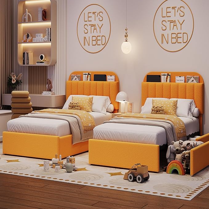 IDEALHOUSE Twin Bed Frame for Kids, Boucle Upholstered Platform Bed for Boys/Girls with 2 Flexible Drawers, Bookcase Headboard, Noise-Free, Easy Assembly, No Box Spring Needed, Yellow