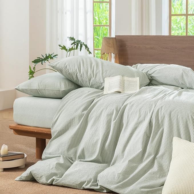 MooMee Striped Duvet Cover Set 100% Washed Cotton Linen Like Textured Breathable Durable Soft Comfy (Sage Green White Pinstripes, Alaska King 132"x120")