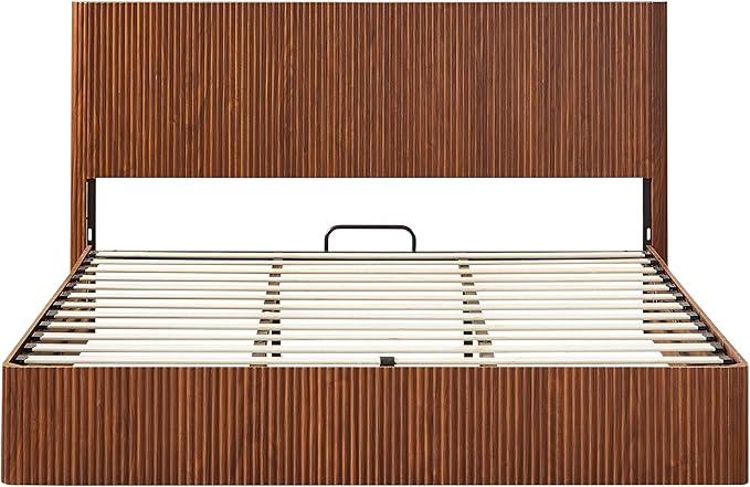 Bellemave King Lift Up Storage Bed, Walnut Wood Lift Up Bedframe King, Wooden Corrugated Curved Lines, Hydraulic Storage,Walnut