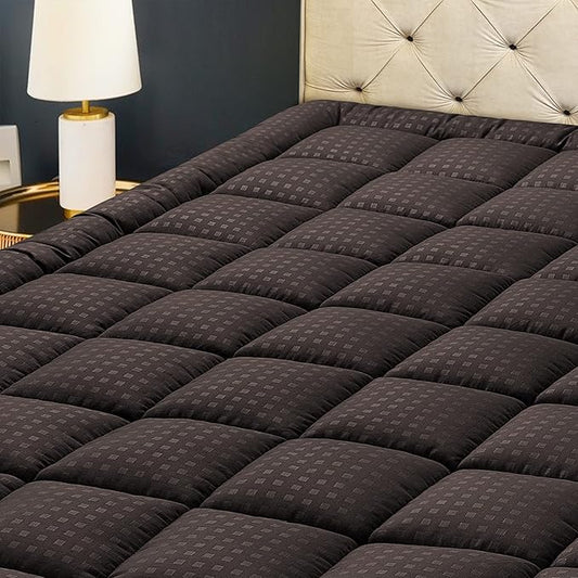 HYLEORY California King Mattress Pad Quilted Fitted Mattress Protector Cooling Pillow Top Mattress Cover Breathable Fluffy Soft Mattress Topper with 8-21" Deep Pocket, Brown