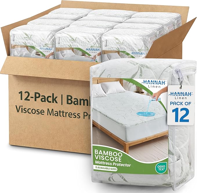 Hannah Linen Viscose derived from Bamboo Cooling Mattress Protector, 100% Waterproof - Soft and Breathable, 280 GSM Fitted Style Mattress Cover, 16 Inches Deep Pocket - Full, 75x54 - (12 Pack)