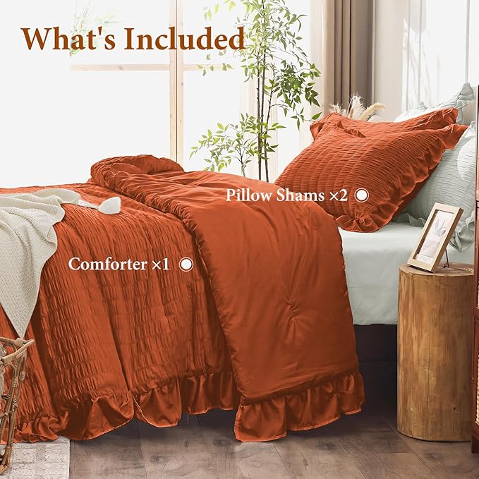 JOLLYVOGUE King Comforter Set, 3 Pieces Seersucker Comforters King Size, Lightweight & Fluffy Bedding Sets King for All Season with 1 Ruffle Comforter and 2 Ruffle Pillowshams, Burnt Orange