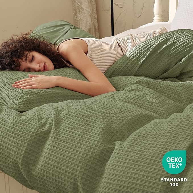 PHF Waffle Duvet Cover Set Twin/Twin XL Size, No Snagging Ultra Soft Luxury Textured Breathable Comforter Cover for All Season 2pcs, Durable Bedding Duvet Set with 1 Pillow Sham, 68"x90", Olive Green