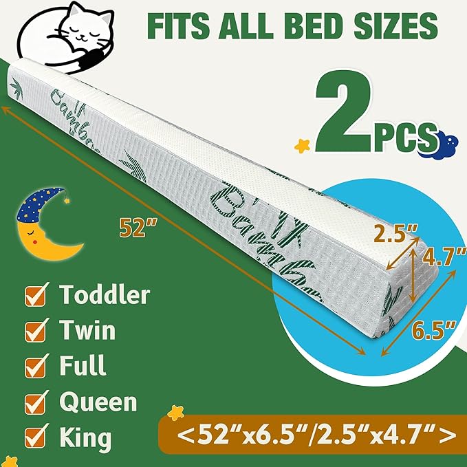 Baby Bed Bumpers for Toddlers with Adjustable Bandd, Foam Bed Guard Rail for Kids Bed Twin Full Queen King Size Bed, 2 Pack