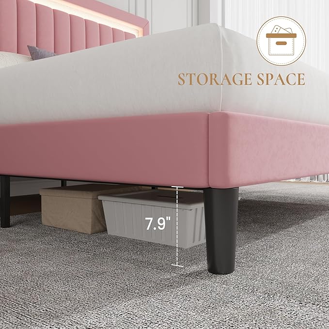 SHA CERLIN King Size Velvet Bed Frame with LED Light, Adjustable Vertical Channel Tufted Headboard, Strong Wooden Slats Support, Noise-Free, No Box Spring Needed, Pink