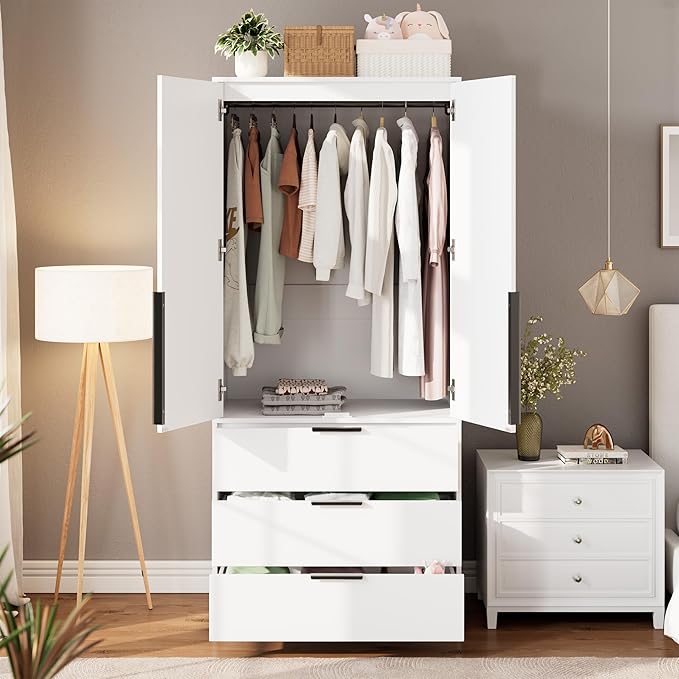 GarveeHome Armoire Wardrobe Closet, 69.5 in Wooden Wardrobe Cabinet with 3 Drawers, Hanging Rod, 2 Doors Clothing Storage Cabinet for Bedroom, Large Capacity Storage, Rattan Door, White