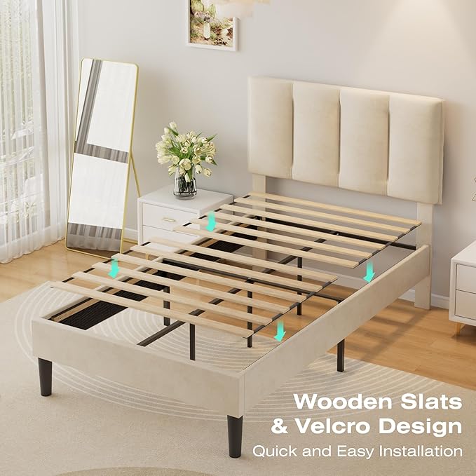 VECELO Twin Size Bed Frame with Upholstered Headboard, Heavy-Duty Bedframe with Wooden Slats & Steel Framework, Easy Assembly, Pale Beige