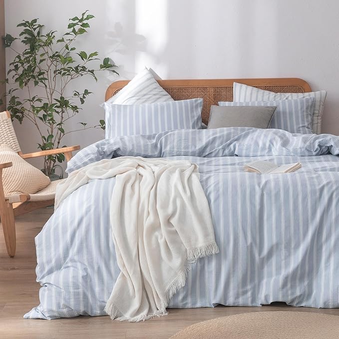 BESTOUCH Duvet Cover Set 100% Washed Cotton Linen Feel Super Soft Comfortable Chic Lightweight 3 PCs Home Bedding Set Cornflower Blue & White Stripes Queen