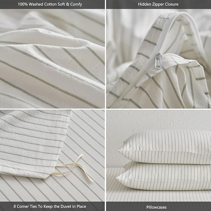 MooMee Striped Duvet Cover Set 100% Washed Cotton Linen Like Textured Breathable Durable Soft Comfy (White Sage Green Wide Stripes, Alaska King 132"x120")