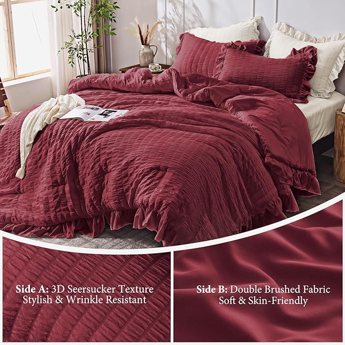JOLLYVOGUE King Size Comforter Set, 3 Pieces Burgundy Seersucker Comforters King Size, Lightweight & Fluffy Bedding Sets King for All Season with 1 Ruffle Comforter and 2 Ruffle Pillowshams