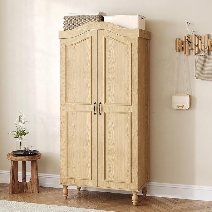 Arched Armoire Wardrobe Closet with 2 Doors, 71" H Wooden Wardrobe Cabinet with Hanging Rod and Shelves, Freestanding Armoire Storage Cabinet for Bedroom, Cloak Room, Natural
