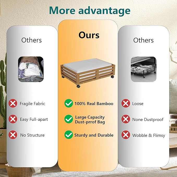 Wisuce Bamboo Under Bed Storage Containers- Underbed Organizer with Wheels with Dust Bag,Sturdy Wood Rolling Under the Bed Shoe Storage Organizer Drawers (Brwon, 2 Pack (23.62"×16.54"))