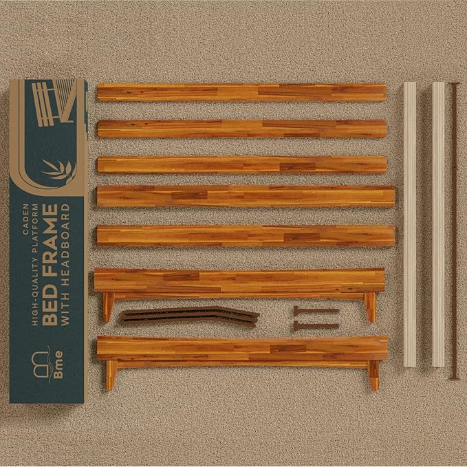 Bme Caden 15 Inch Deluxe Bed Frame with Adjustable Headboard - Mid Century, Retro Style with Acacia Wood - No Box Spring Needed - 12 Strong Wood Slat Support - Easy Assembly - Caramel, King