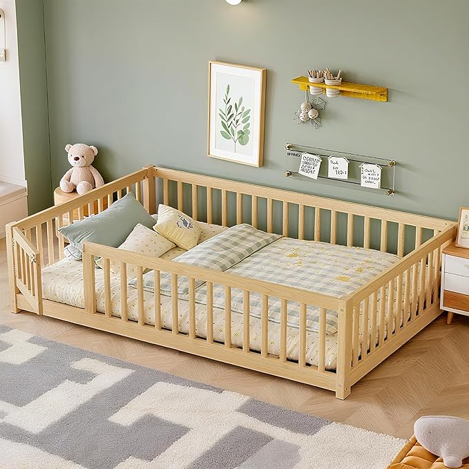 Bellemave Full Size Montessori Floor Bed Frame with Rails & Door, Solid Wood Kids Floor Bed Full with Removable Slats, Low Profile Montessori Bed for Children’s Sleep & Play, Natural