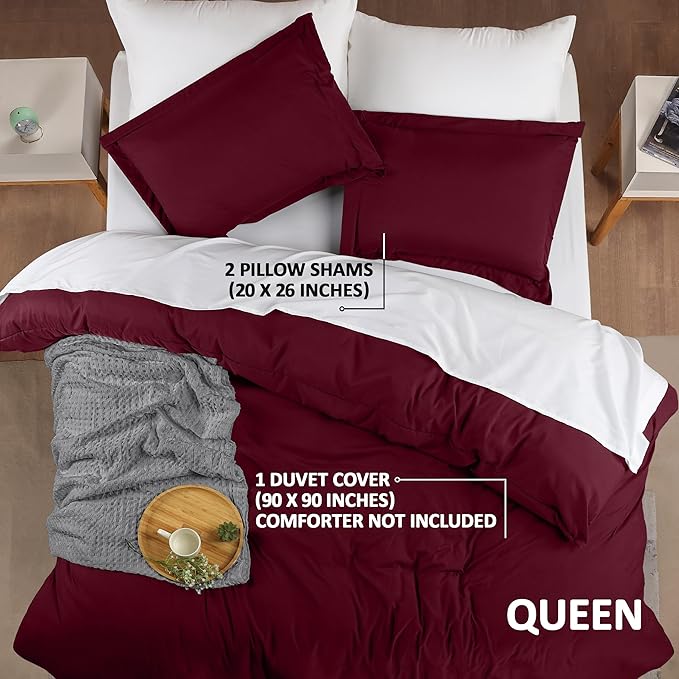 Utopia Bedding Duvet Cover Queen Size - 3 Piece with Zipper Closure - 1 Comforter Cover 90X90 Inches & 2 Pillow Shams 20X26 Inches (Burgundy) Comforter Not Included