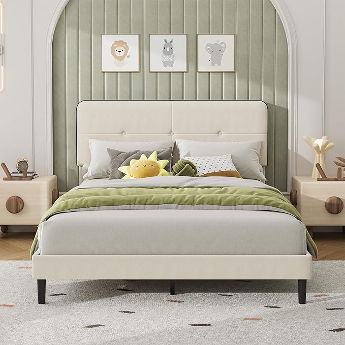 Garvee Queen Bed Frame, Velvet Upholstered Platform Bed Frames with Adjustable Headboard, No Box Spring Needed, Anti-Noise EVA Sponge, Sturdy Metal Support, Easy Assembly, White & Black Trim