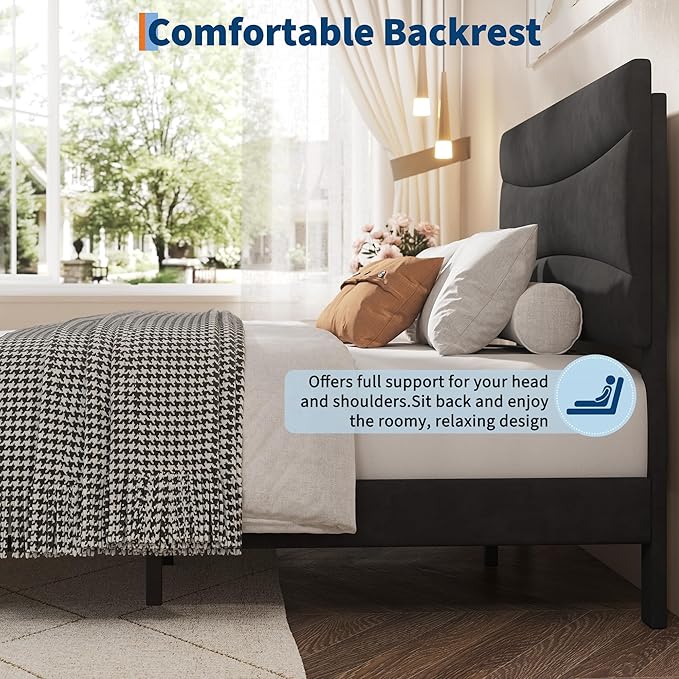 IDEALHOUSE Full Size Upholstered Platform Bed Frame with Ergonomic Headboard, Beige Soft Fabric, Heavy Duty Wooden Slats, Noise-Free, 6.3" Underbed Storage, No Box Spring Needed, Easy Assembly