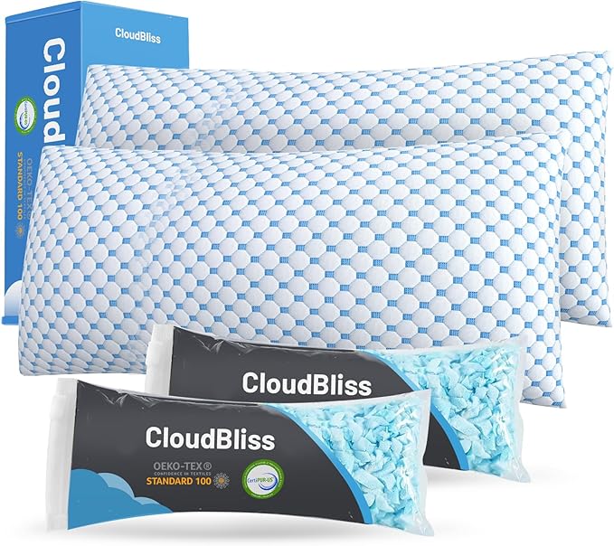 CloudBliss Cooling Bed Set of 2 Pillows for Sleeping, Shredded Memory Foam Pillows with Washable & Breathable Pillowcase, Adjustable Height Pillow for Side, Back and Stomach Sleepers, King Size