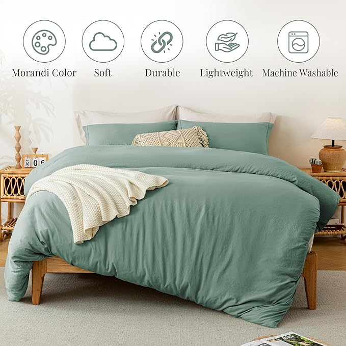 MILDLY Super Soft Duvet Cover 2pcs - 100% Washed Microfiber Sage Green Twin/Twin XL Comforter Cover Set with Zipper Closure & Corner Ties (No Comforter)