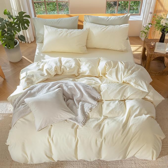 MooMee Bedding Duvet Cover Set 100% Washed Cotton Linen Like Textured Breathable Durable Soft Comfy (Solid Cream, Queen 90"x90")
