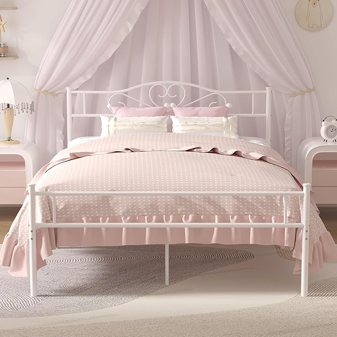 VECELO 14 Inch Queen Size Metal Platform Bed Frame with Headboard and Footboard, Heavy Duty Mattress Foundation with Steel Slats Support, No Box Spring Needed, White