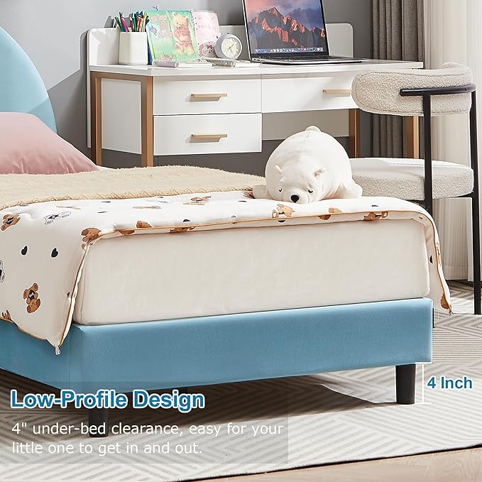 VECELO Twin Size Bed Frame with Storage Organizer, Heavy-Duty Platform with Rabbit Shaped Headboard for Girls Kids Room, Easy Assembly, Blue