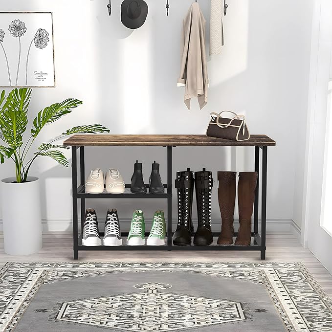 Shoe Rack Bench for Entryway 3-Tier, Free Standing Shoe Racks, Narrow Shoe Rack Shoe Storage Shelf with Boot Organizer, Rustic Shoe Rack for Small Spacesh with Wood Bench