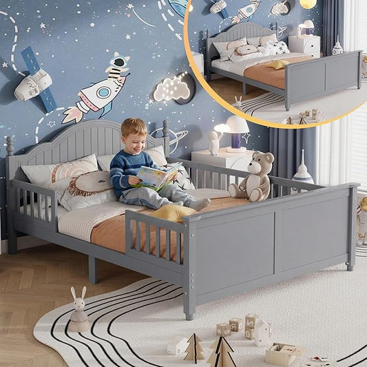 Full Bed Frames for Kids with Rails,Wood Low Platform Beds with Headboard and Footboard,Montessori Bed Full with Under Bed Storage for Boys Girls, No Box Spring Needed, Grey