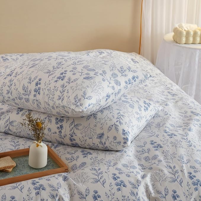 mixinni Girls Blue Flower Leaves Pattern on White Duvet Cover Twin Size Soft Cotton Bedding Comforter Cover Set with Zipper Closure 4 Corner Ties for Teenage Girls (1 Duvet Cover + 2 Pillowcases)