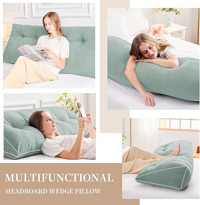 Sasttie Headboard Pillow Queen, Triangular Wedge Pillow Headboard, Wedge Headboard Pillow for Bed Sofa, Daybed Pillows for Sitting up, Reading or Working with Removable Cover, Mint Green