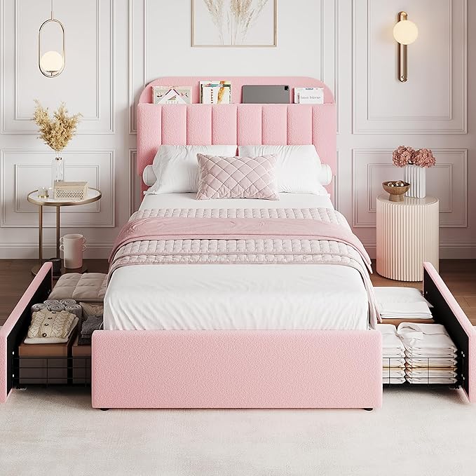 GarveeHome Twin XL Bed Frame with Storage Headboard, Girls Bed Frame with 2 Drawers, Boucle Upholstered Platform Bed with Bookcase, No Box Spring Needed, Easy Assembly, Light Pink