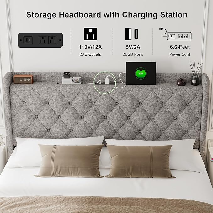 Feonase Full Size Bed Frame with Storage & Charging Station - Hydraulic Lift Up Platform Bed, Upholstered Button Tufted Headboard, Sturdy Wooden Slats, Noise-Free, No Box Spring Needed, Light Gray