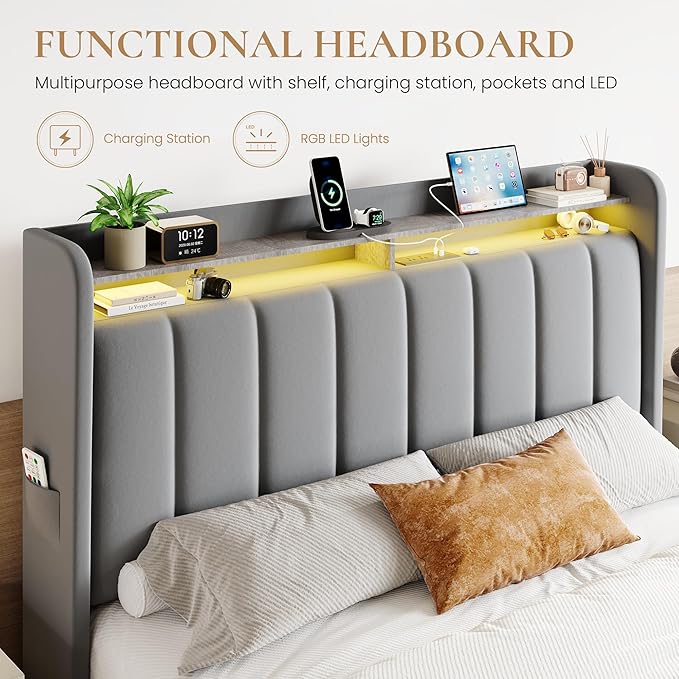 SHA CERLIN Velvet Queen Bed Frame with Vertical Channel Tufted Wingback Headboard & 2 Storage Drawers/2-Tier Shelves with LED Lights & Charging Station/Noise-Free/No Box Spring Needed/Light Grey