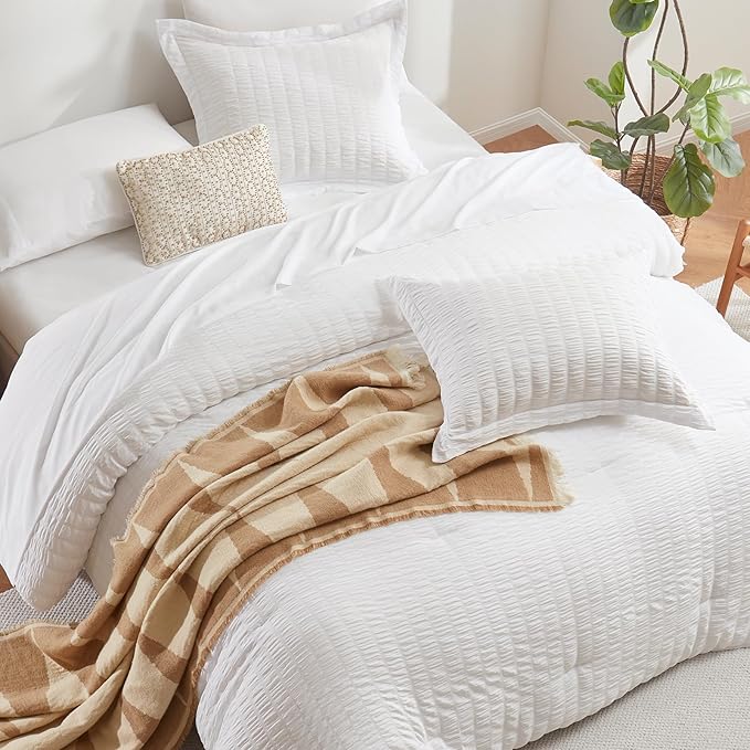 CozyLux Twin Comforter Set with Sheets 5 Pieces, White Seersucker Textured Bed in a Bag for Girls, Luxury Soft Bedding Sets with Down Alternative Comforter, Sheets, Pillowcase & Sham for All Seasons