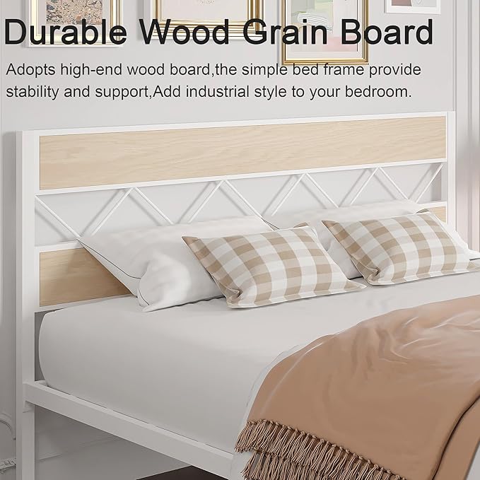 VECELO Full Size Bed Frame with Headboard, Heavy-Duty Platform Bedframe with Metal Slats Support, No Box Spring Needed, Easy Assembly, White & Natural