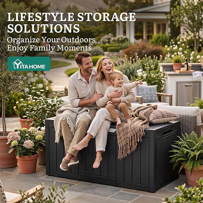 YITAHOME 100 Gallon Large Outdoor Storage Box, Water Resistant Resin Deck Box, Indoor Outdoor Lockable Rattan Storage Container for Patio, Garden, Cushions, Tools, Equipment (Black)