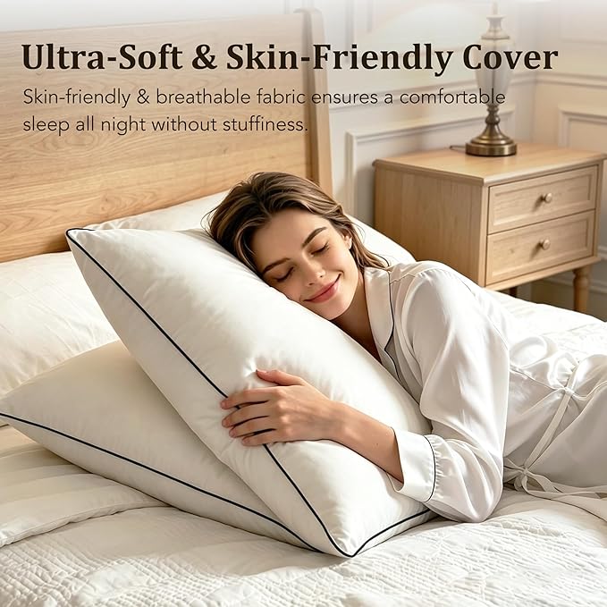 Premium Pillows Queen Size Set of 2,Luxury Hotel Collection Quality Soft Fluffy and Supportive Down Fiber Bed Pillows, Breathable Cotton Shell Cover